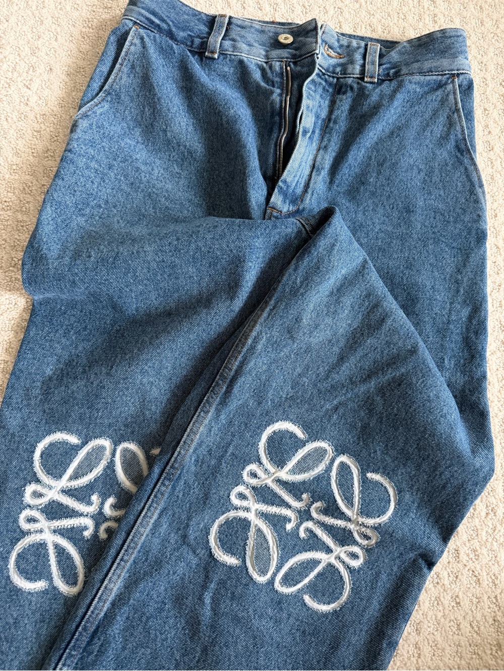 Loewe High-Rise Blue Denim Jeans with White Embroidered Logo